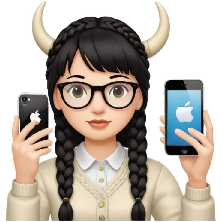 Black hair is braided to one side, braided to the left, and full bangs, wearing horn-rimmed glasses, holding an iPhone white color and taking a mirror selfie so that Apple logo comes out emoji