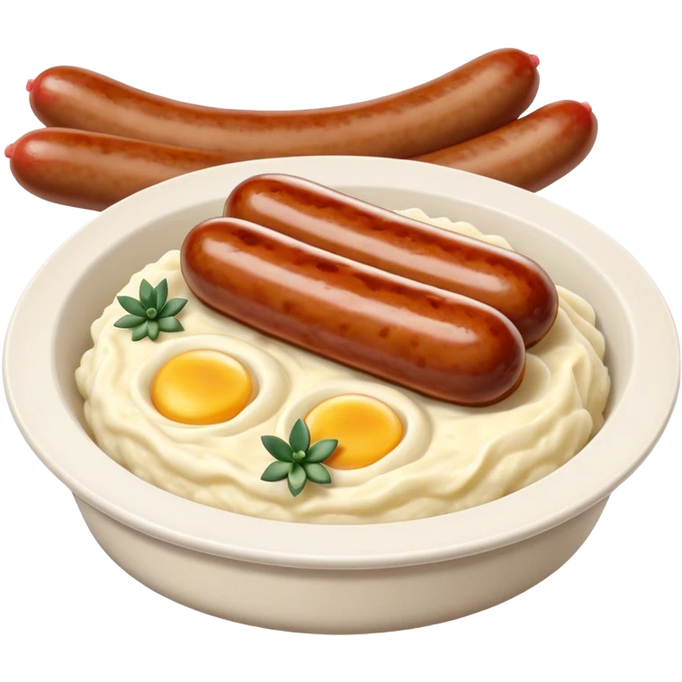 Cinematic Realistic Bangers and Mash Dish Emoji, featuring succulent pork sausages paired with creamy mashed potatoes rendered with detailed textures and natural highlights that emphasize its robust, hearty flavor. emoji