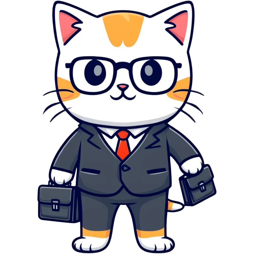 kitten in a suit holding a briefcase and wearing glasses emoji