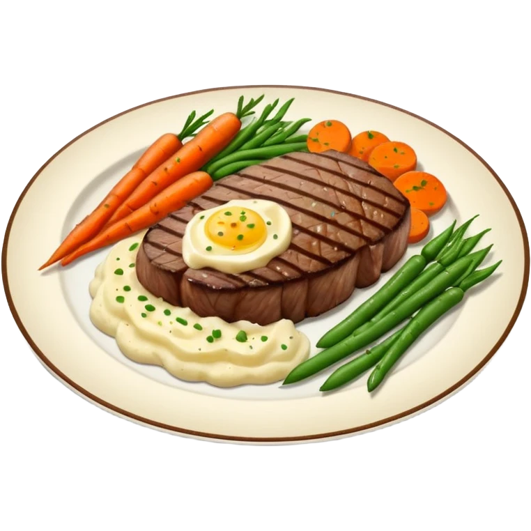 Medium rare Wagyu steak on a bed of creamy garlic mash potatoes couples with pan seared carrots and  green beans emoji