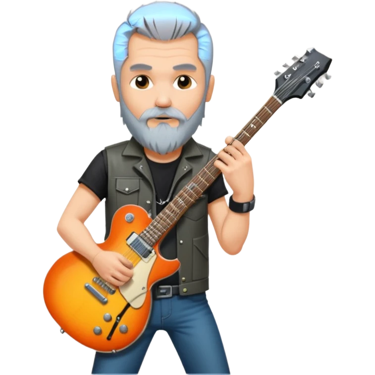a short grey hair, with long side beard shop, middle age metal head with a classic epiphone eletric guitar emoji