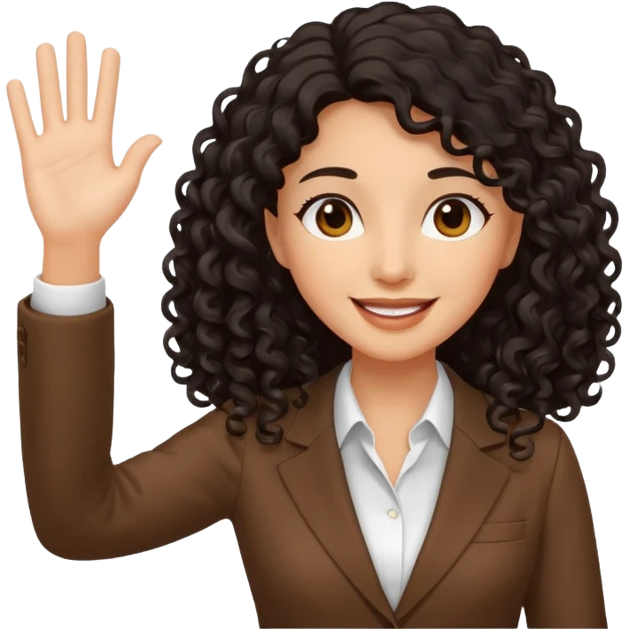 medium deep tan brown business woman with long black curly hair, waving hand with happy face and holding a laptop emoji