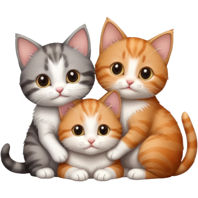 3 very small kittens cuddling together all different colours, the first one is grey and white, the second is ginger and white and the third is brown tabby and white emoji
