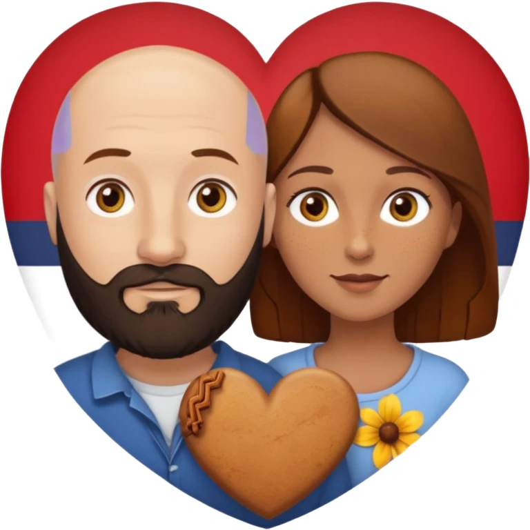Couple. Bald man with dark brown-black beard. Woman with many small, faded freckles, white skin and she has auburn-yellow-brown-caramel-cinnamon dark hair. She has light yellow-brown eyes. The man have hazel eyes. They are inside a big heart. emoji