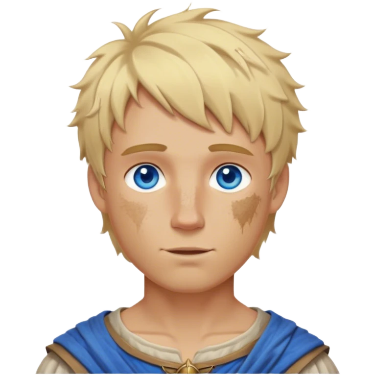 medieval summer look worn by a DnD themed fantasy character. bare upper body with a sun-kissed tan and some dirt marks. The character's haven't arms. character is blonde hair, blue eyes, short messy hair, white-skinned man. emoji