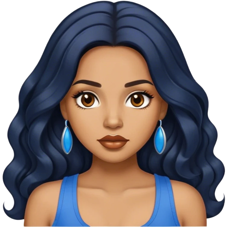 light brown skin tone, very beautiful woman, with big plump lips, long long lashes, black long wavy hair, middle hair parting, brown eyes, blue tank top emoji