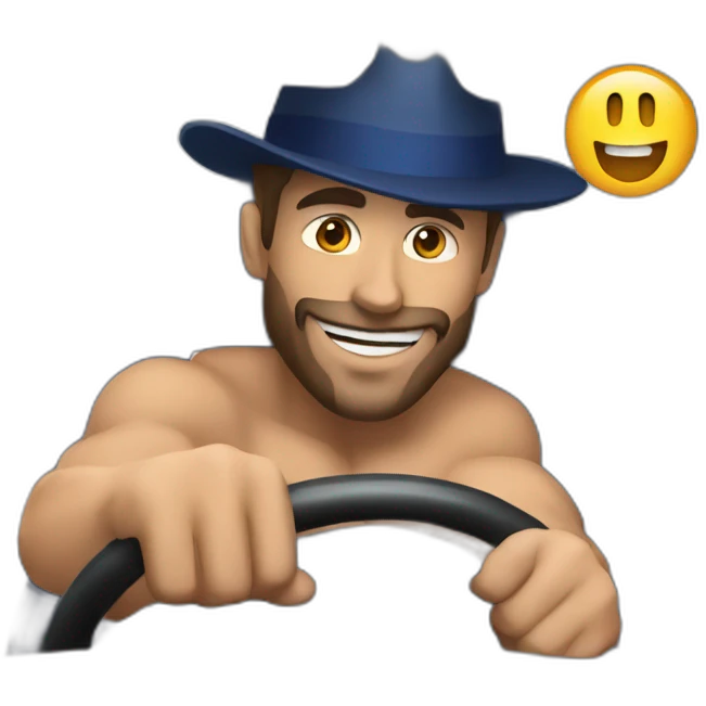 a muscular man wearing a uk coloured hat and driving a car emoji