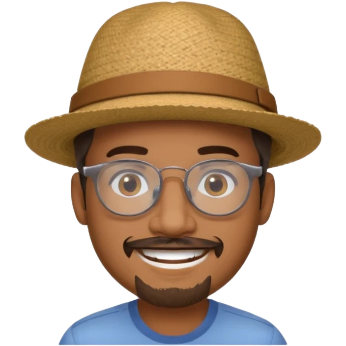Brown man smiling no teeth showing with hat, clear glasses and goatee emoji