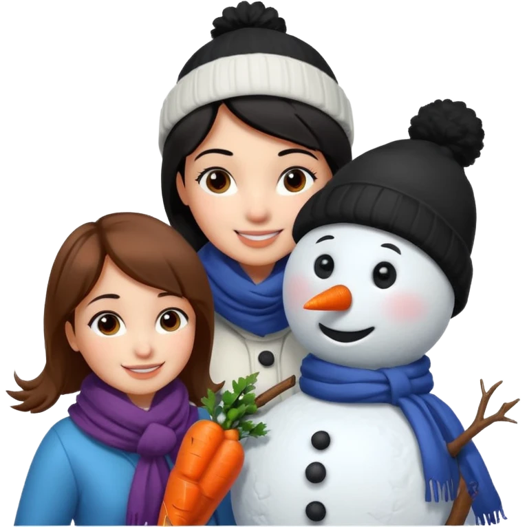 Cartoon girl with brown hair and scarf, building a snowman. Cartoon boy with black hair, placing a carrot nose on the snowman, smiling emoji