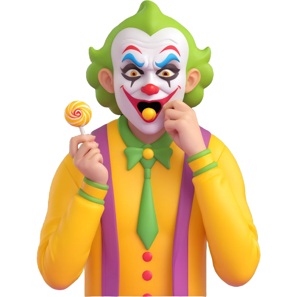 very ugly joker wearing a yellow jersey, crying and eating a lollipop, expressive and humorous emoji