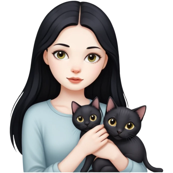 beautiful girl with long black hair holding a hairless cat emoji