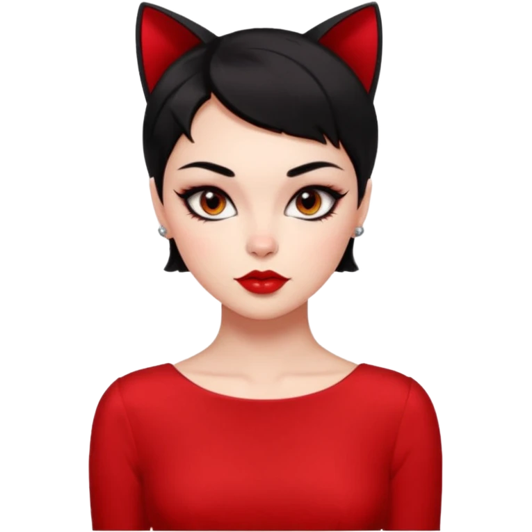 Chica Otaku con delineado gatita con vestido rojo y pelo corto negro súper sexy emoji
