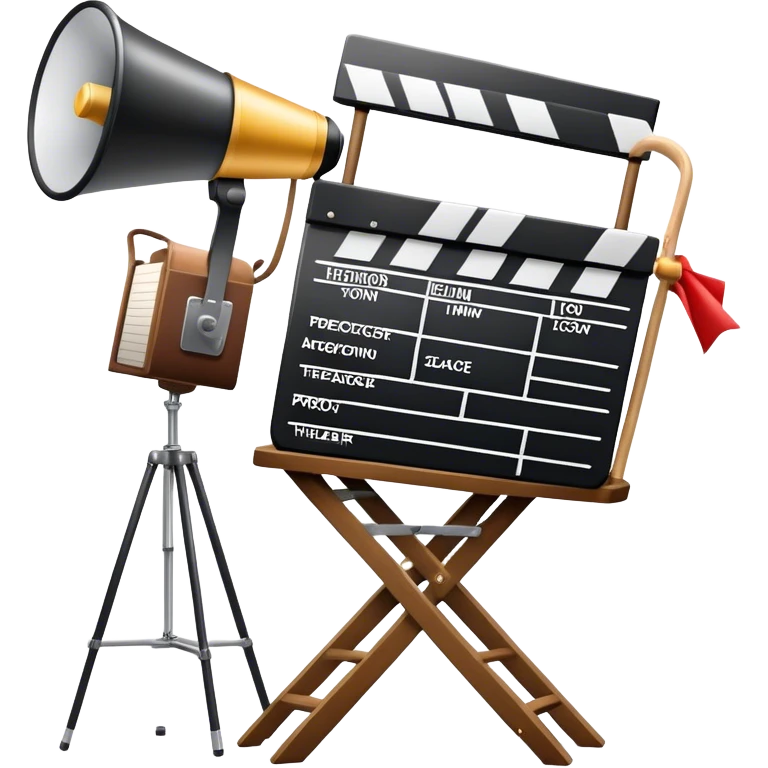 Icon for Directing: a director's chair, a film slate, a megaphone, and a stage set with lights. The icon should represent the creative and leadership aspects of directing, with focus on film and theater production. Transparent background. emoji