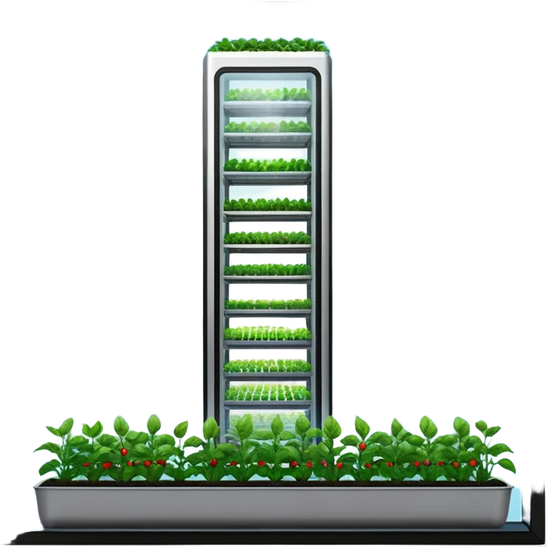 Vertical farm inside a towering skyscraper, with various crops growing in a hydroponic system under LED lights, viewed through a large window overlooking a futuristic city. emoji