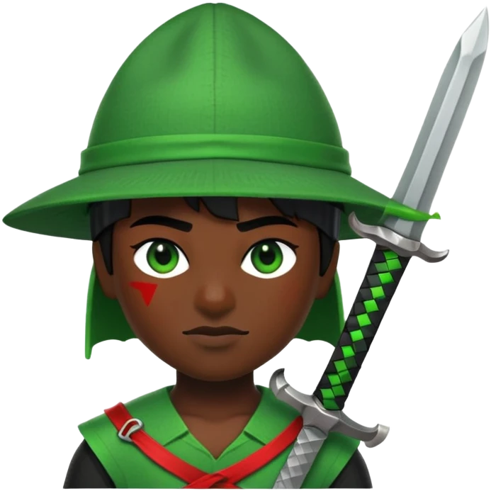 a black skined person and 1 eye is red with a glare and has a green roblox sword with a green 1x1x1x1 hat  with black legs and a blacks arms emoji