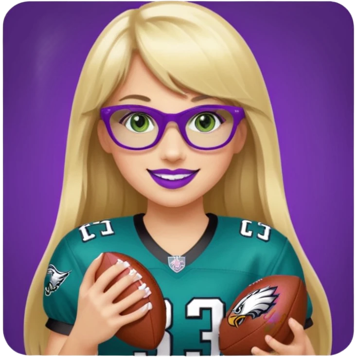 long blonde hair with bangs black rectangle glasses female green eyes football player wearing eagles uniform jersey number 33 holding football smiling purple lipstick emoji
