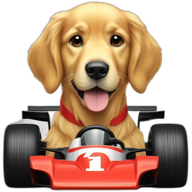 Golden retriever in a f1 car emoji