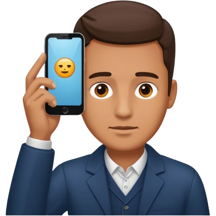 a guy holding a phone horizontally on his forehead like it was a card emoji