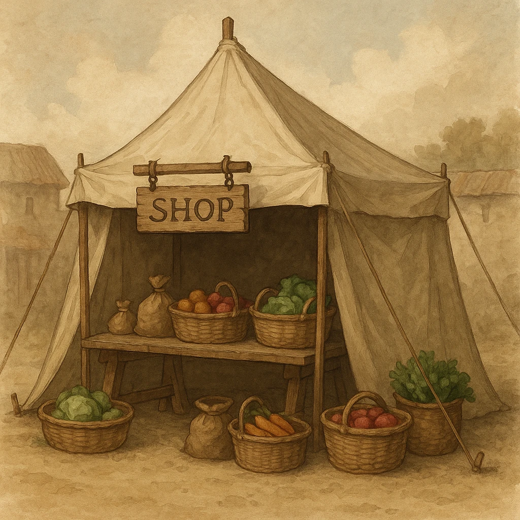 a simple medieval tent shop, beige canvas, wooden sign, baskets of produce, rustic market scene emoji