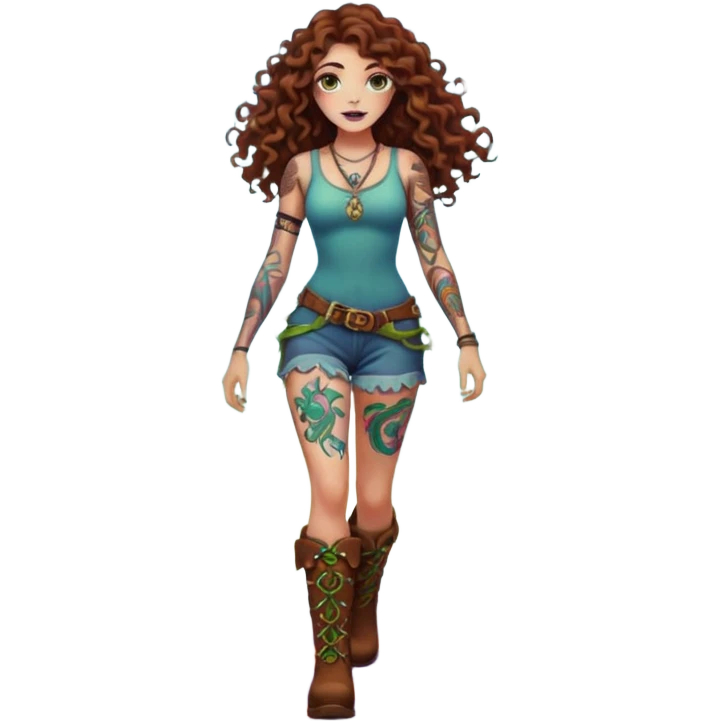 full body view of a woman with long curly brown hair, brown eyes, white skin, tattoos, walking forward through psychedelic fog, glowing vines wrapping around her boots emoji
