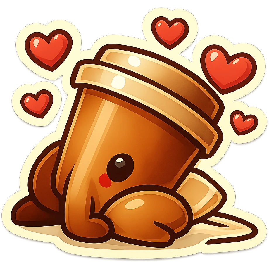 Tall coffee cup, bowing on knees, head on ground, covered in hearts emoji