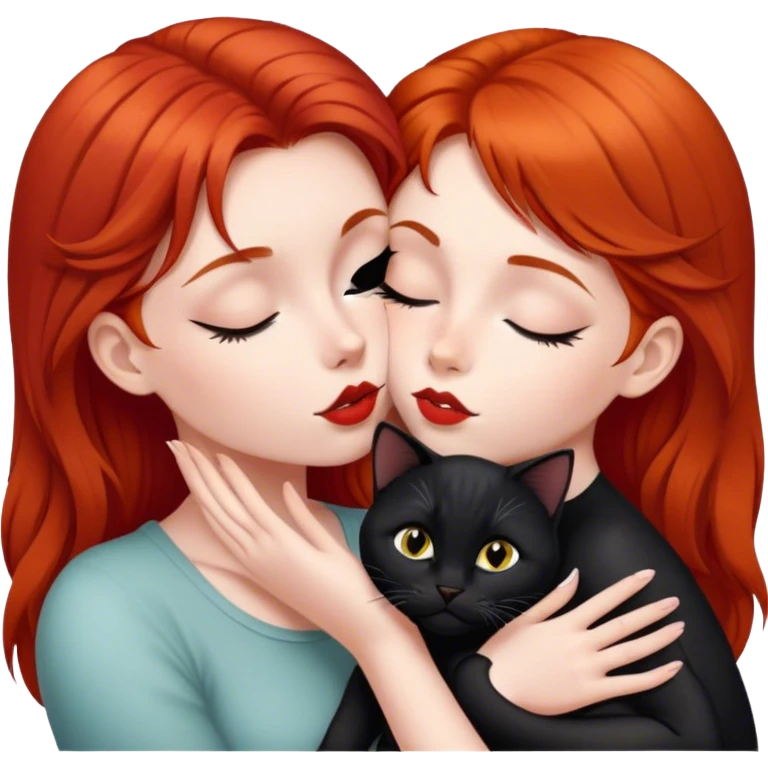 A red-haired girl kisses a black British cat  emoji