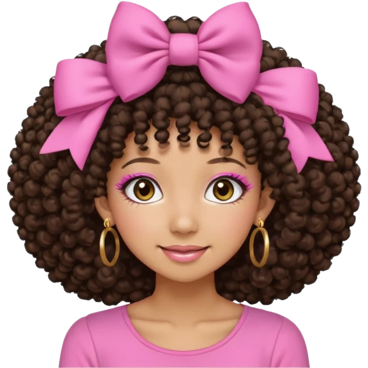 Naturally tan skin girl short darkBrown curly afropink shirt very long lashes hoop gold earrings Brown eyes gyaru smiling closed mouth cute non perfect circular afro. Pink bow hairclip emoji