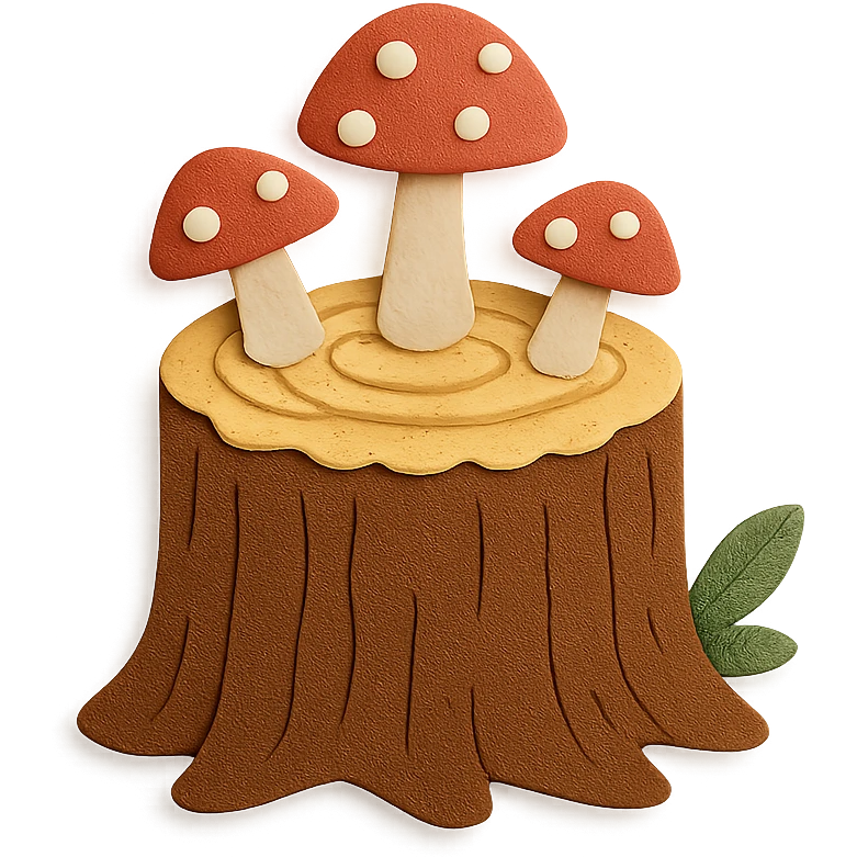 a tree stump cake topped with mushrooms, forest dessert concept, paper craft style emoji