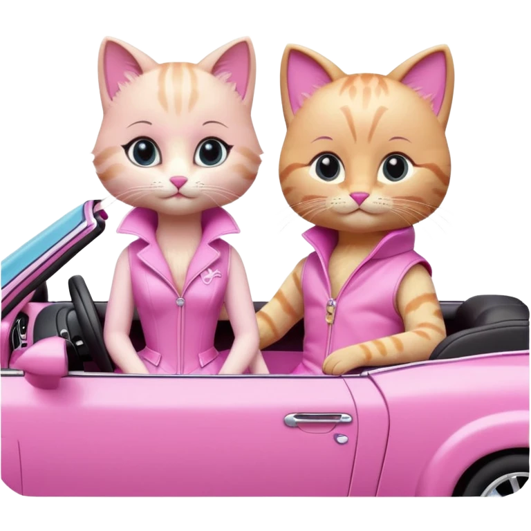 two realistic cats wearing Barbie and Ken costumes, sitting in a pink convertible emoji