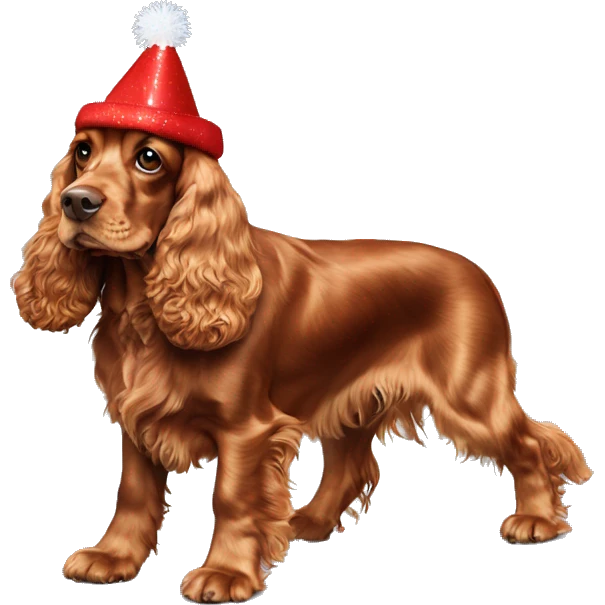 A full-length, adult, red cocker spaniel in a New Year's cap emoji