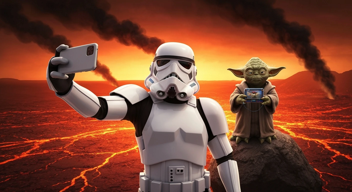 Starwars stormtroopers vlogging selfie, he is walking on lava planet with yoda emoji