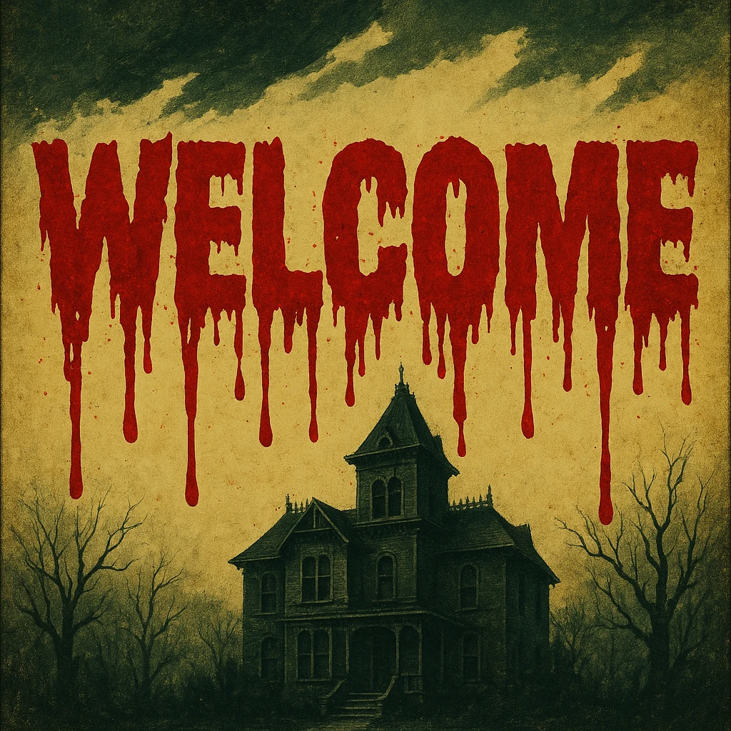 Welcome text with bloodier dripping blood effect in retro horror movie poster style, keep rest of banner unchanged emoji