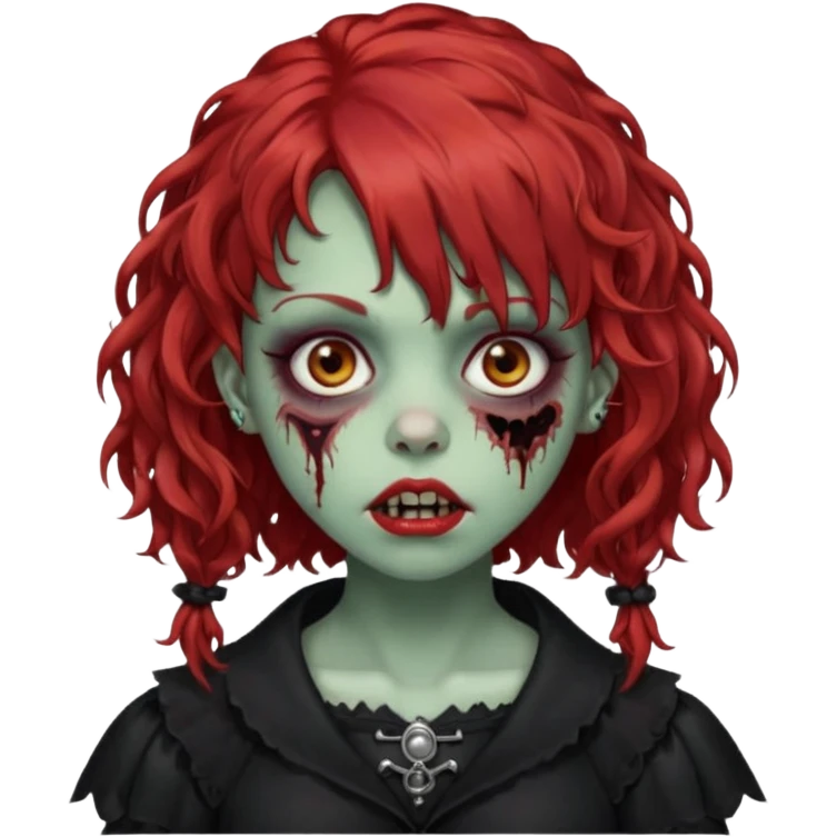 zombie girl red hair cacheado médio e franja, com piercings na boca, nariz e sobrancelha,  roupa gótica  emoji