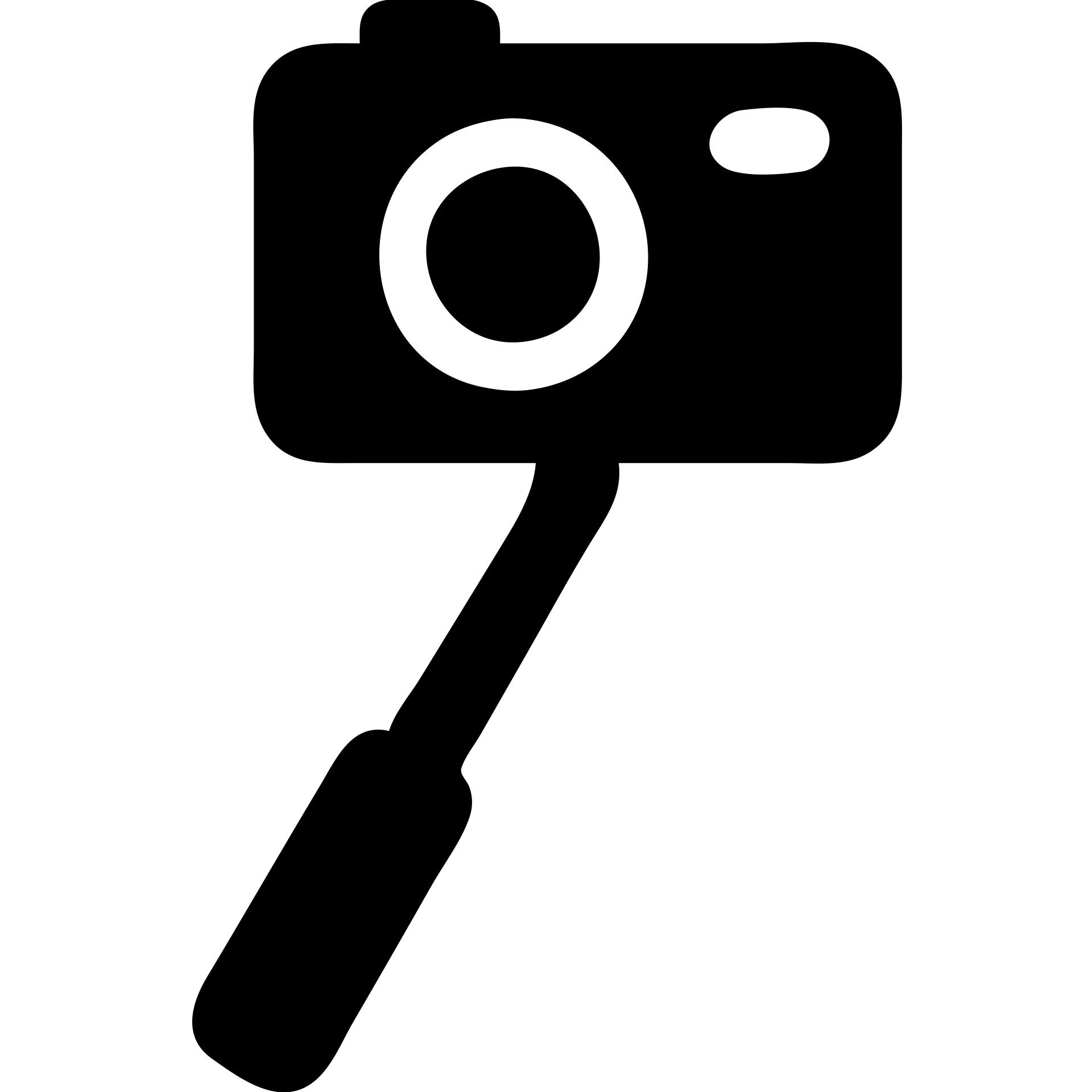 A camera in a black filled icon style, with a selfie stick. emoji
