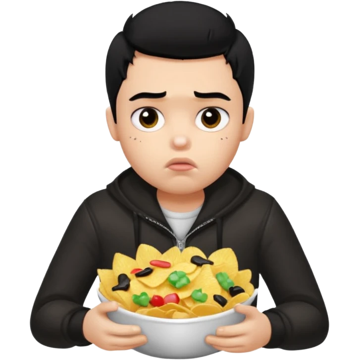 a PRETTY BRATZ boy with black hair, stuffing his face with chips and looking sad emoji