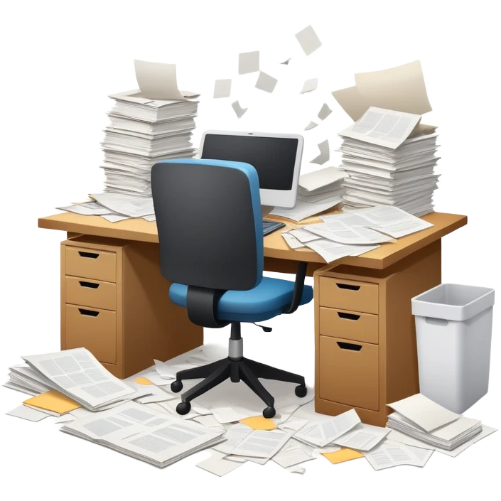 minimalist desk cluttered with papers spilling over, symbolizing overwhelming admin workload emoji