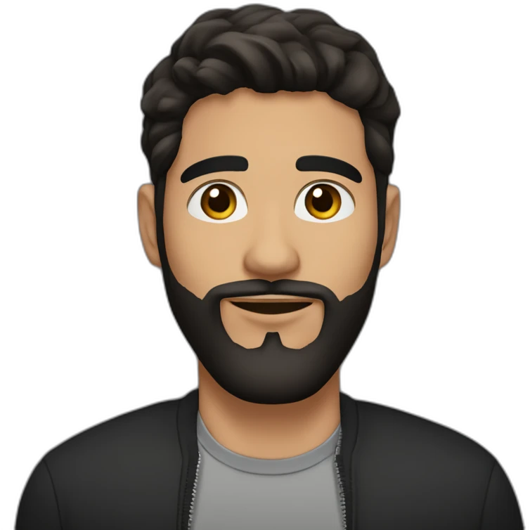 25 year old Hispanic man with a beard and thick eyebrows light skin, black shirt and side fades and a comb over with very dark brown eyes emoji