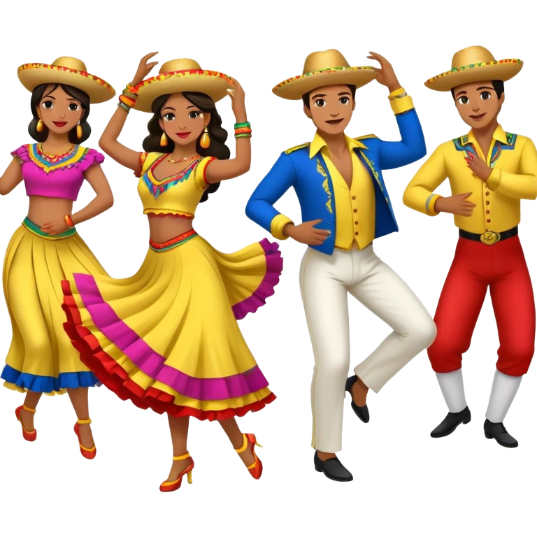 Colombian salsa dancers with colorful traditional outfits, dancing energetically with festive poses emoji