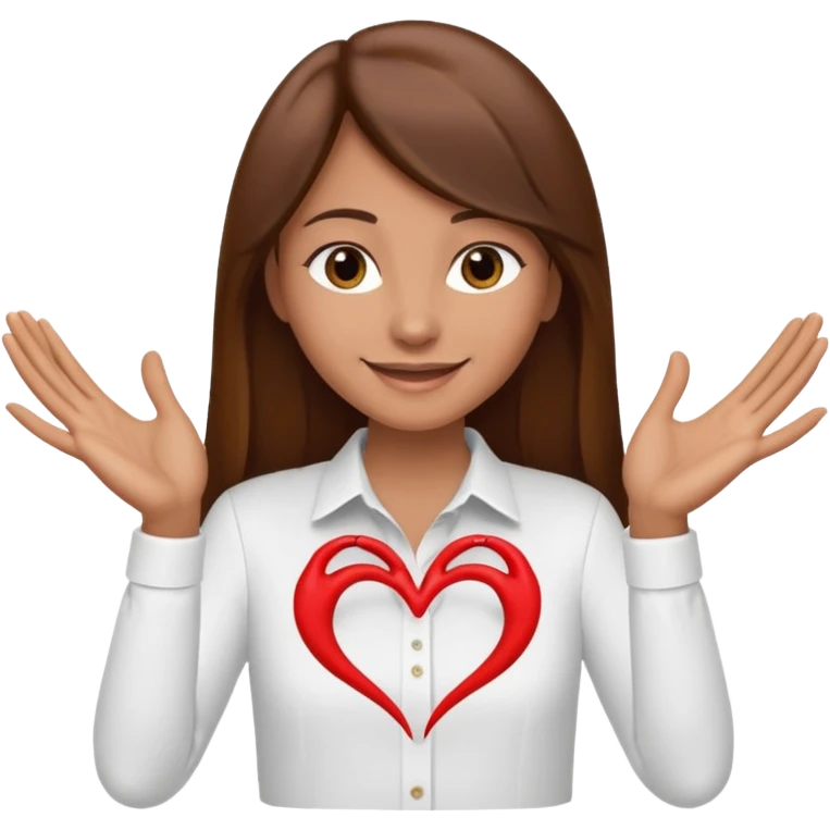 Mujer trigueña cabello largo lacio castaño haciendo un corazon con sus manos con camisa blanca emoji