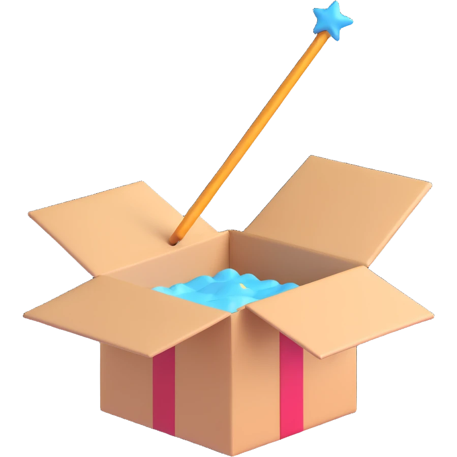 a 3D emoji style icon of an open box with a magic wand floating above emoji