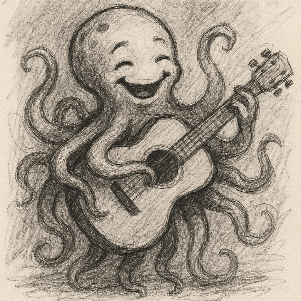 happy octopus with multiple arms playing guitar emoji