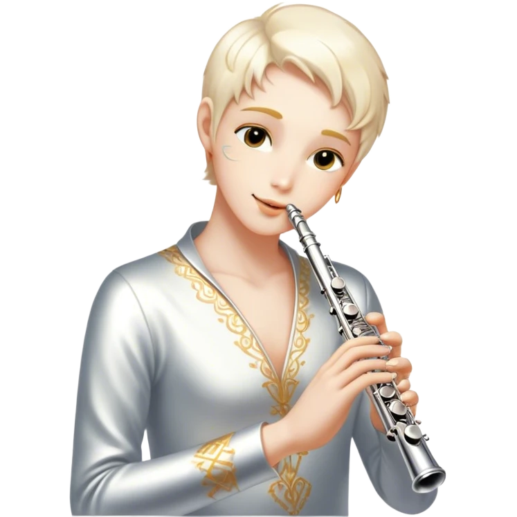 Cinematic Realistic Flute, polished silver metal with precise keywork, warm golden reflections dancing along its surface, soft hands carefully positioned over the keys, glowing with an elegant and airy charm. emoji