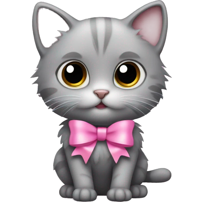 fluffy gray little cat with big eyes and a pink bow emoji