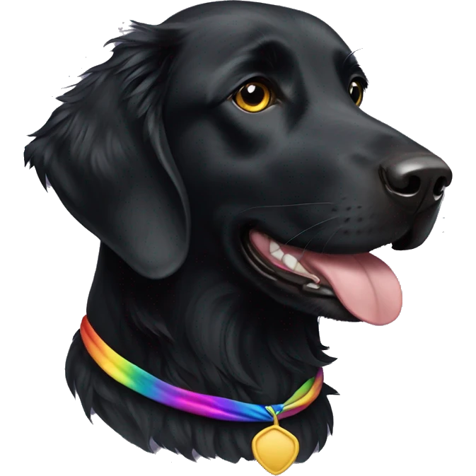 Black Flat coated retriever with small ears and rainbow bandana emoji