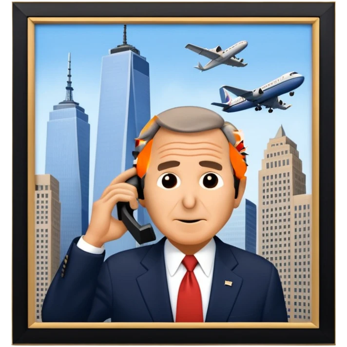  emoji of the world trade center with a plane crashed into it and george bush on a phone in front of them emoji