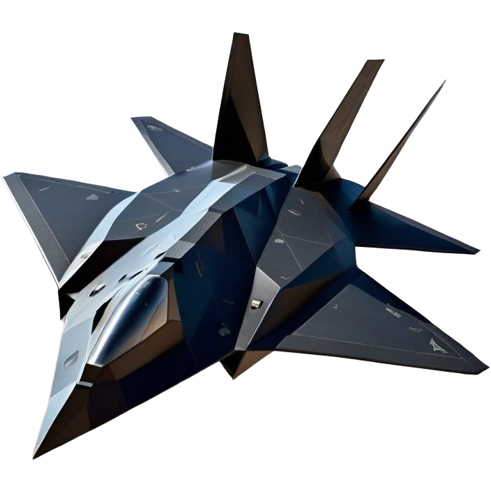F-117 Nighthawk - Lockheed Martin (Stealth Grey) A futuristic stealth attack aircraft with a distinct faceted, angular design in a stealthy matte grey. Its sharp, jagged edges and unconventional, almost alien-like shape make it look like a shadow cutting through the night sky. The surface should appear non-reflective with subtle panel lines. emoji