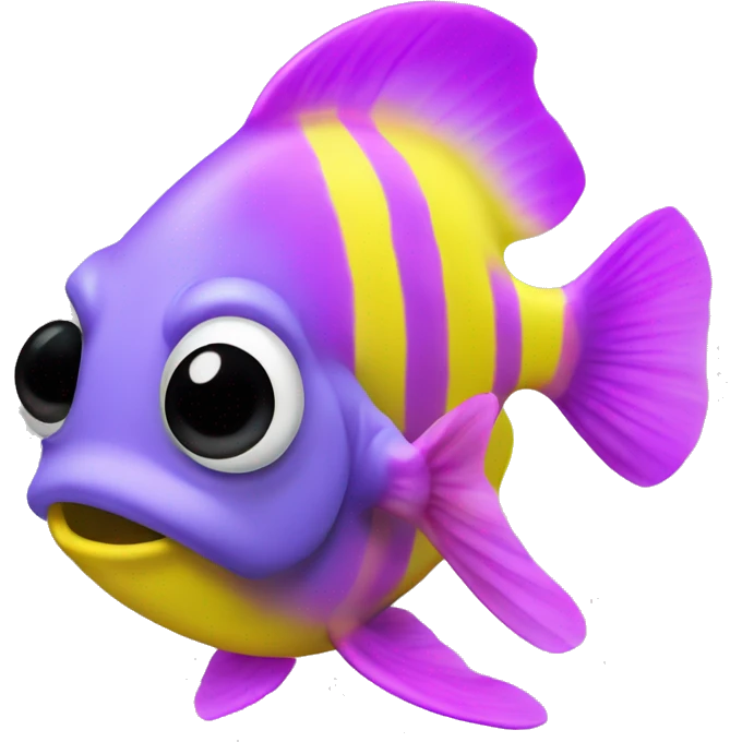 royal gramma tiny fish with purpleish pink front face and half front of body, neon yellow back half and black dot on top fin emoji