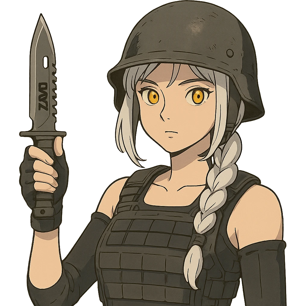  a closeup portrait of young woman with gold yellow eyes, white hair, long braid, black off-shoulder top d-cup, punk gothic style, futuristic cyberwave cyberpunk,  she has a plate carrier armor vest , and a old-style steel bulletproof combat helmet.  holding up a DAYZ combat knife emoji