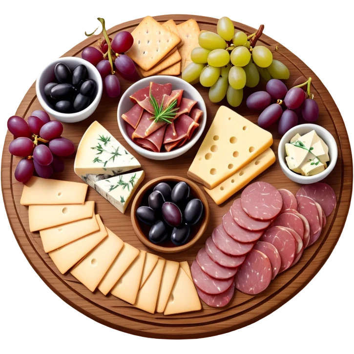 Delicious charcuterie board with assorted cheeses, meats, crackers, grapes, and olives arranged beautifully on a wooden board emoji