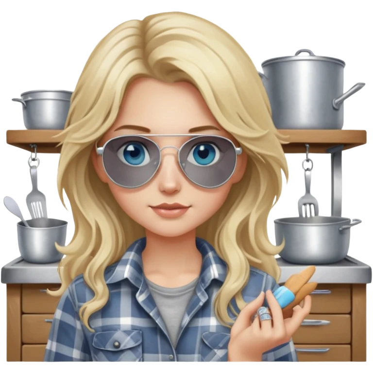 girl with long blond messy hair wearing grey plaid shirt with blue eyes and aviator sunglasses wearing a ring on her silver necklace, holding baking supplies emoji